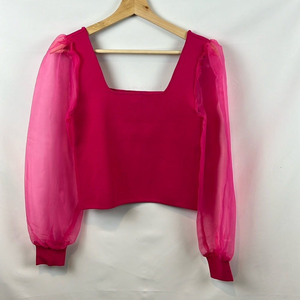 House of Harlow 1960 Hot Pink Sheer Puff Long Sleeve Cropped Knit‎ Top Size S